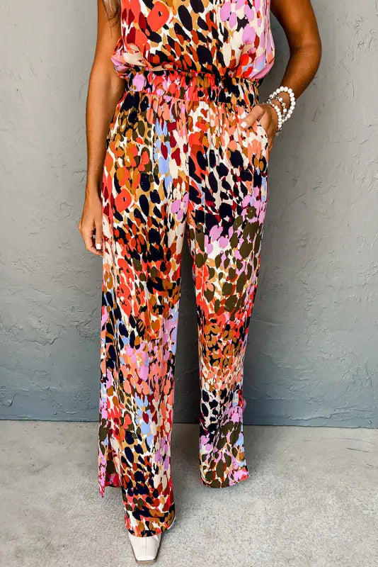 Black multicolor leopard print halter tank top and pants set - sets