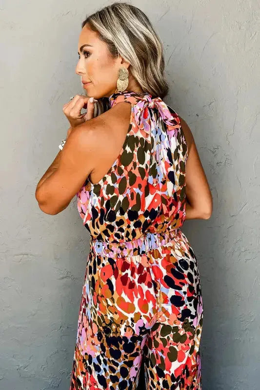 Black Multicolor Leopard Print Halter Tank Top and Pants Set - Fashionfitz