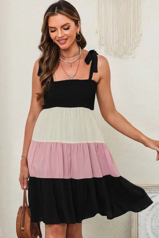 Black multicolor smocked color block sleeveless mini dress - s / 70% viscose + 30% lyocell - dresses