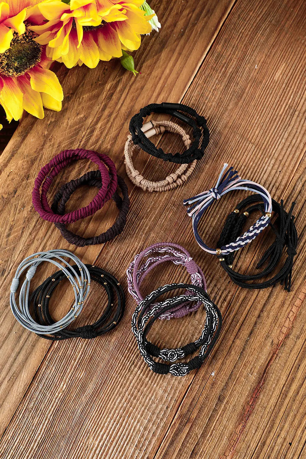 Black multicolour 20pcs boho knotted hair ties - one size / 100% polyester - tie sets