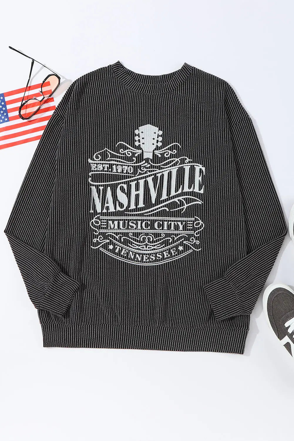 Black nashville music city corded graphic sweatshirt - tops