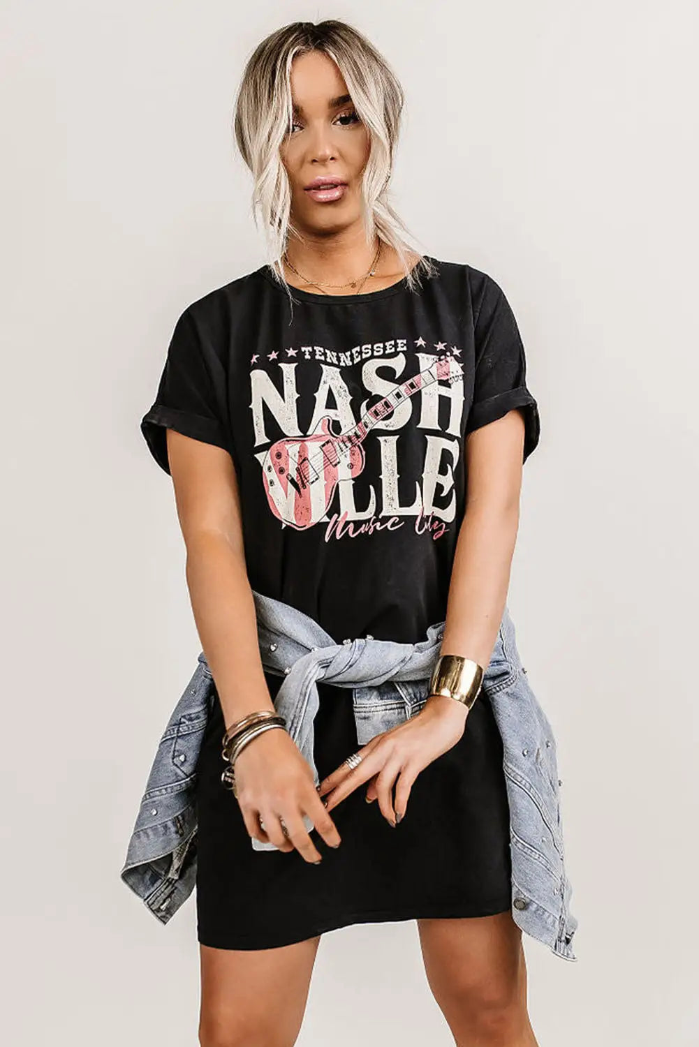 Black nashville music festival trending t-shirt dress - dresses