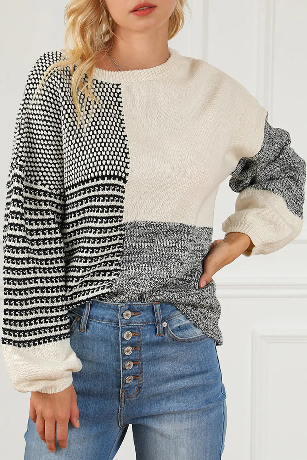 Black neutral colorblock tie back sweater - s / 100% acrylic - sweaters & cardigans