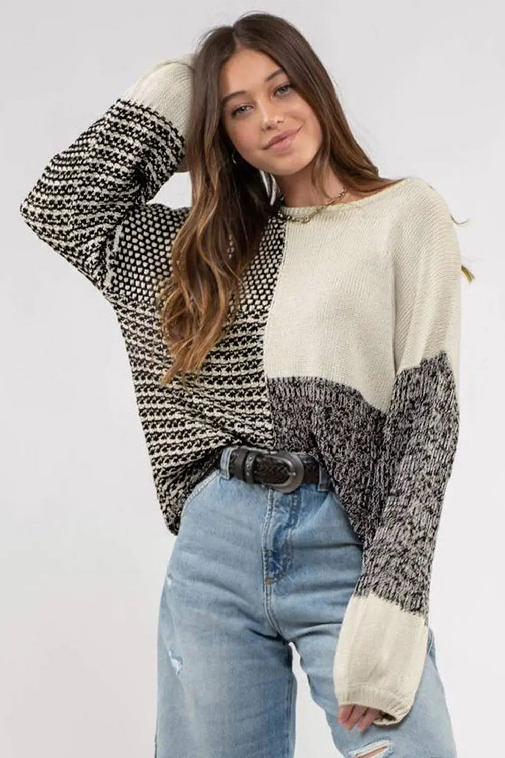 Black neutral colorblock tie back sweater - sweaters & cardigans