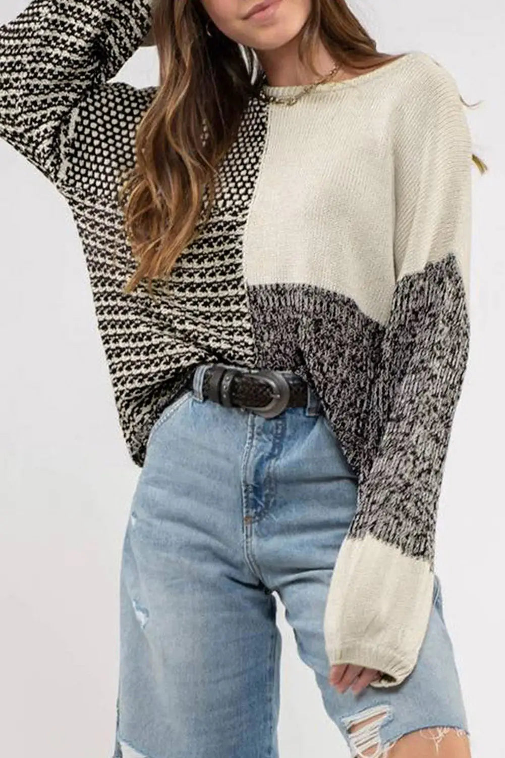 Black neutral colorblock tie back sweater - sweaters & cardigans