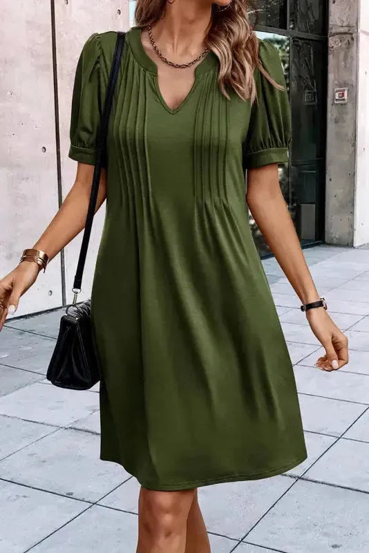 Black Notched Neck Pleated Puff Sleeve Shift T-shirt Dress - Fashionfitz