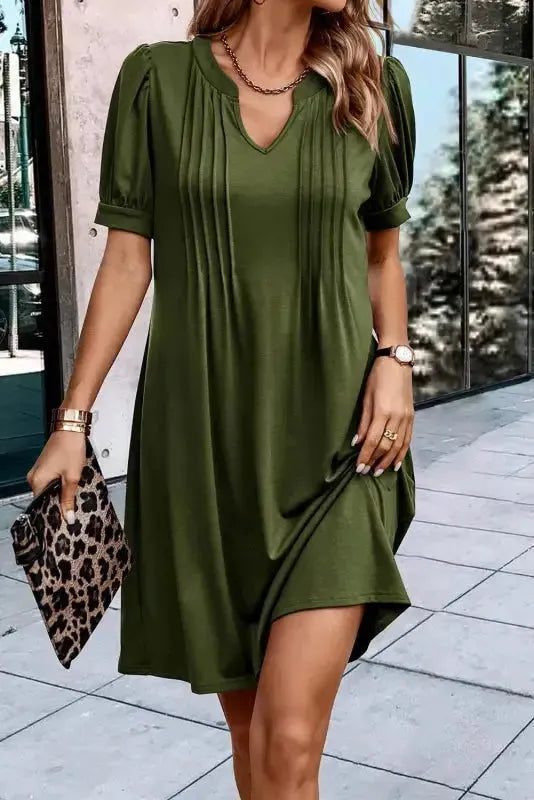 Black Notched Neck Pleated Puff Sleeve Shift T-shirt Dress - Fashionfitz