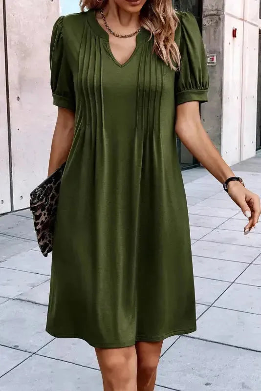 Black Notched Neck Pleated Puff Sleeve Shift T-shirt Dress - Fashionfitz