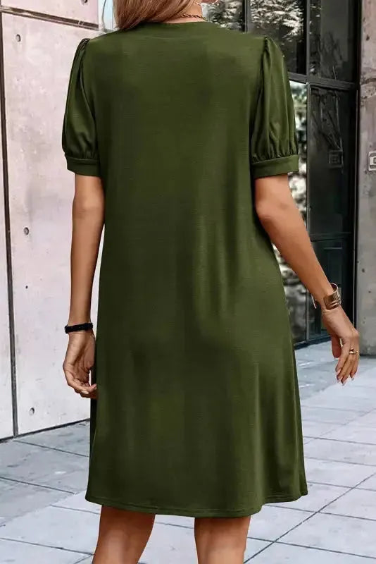 Black Notched Neck Pleated Puff Sleeve Shift T-shirt Dress - Fashionfitz