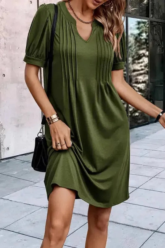 Black Notched Neck Pleated Puff Sleeve Shift T-shirt Dress - Fashionfitz
