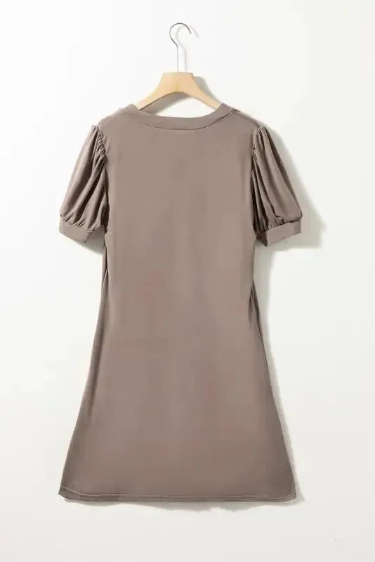 Black Notched Neck Pleated Puff Sleeve Shift T-shirt Dress - Fashionfitz