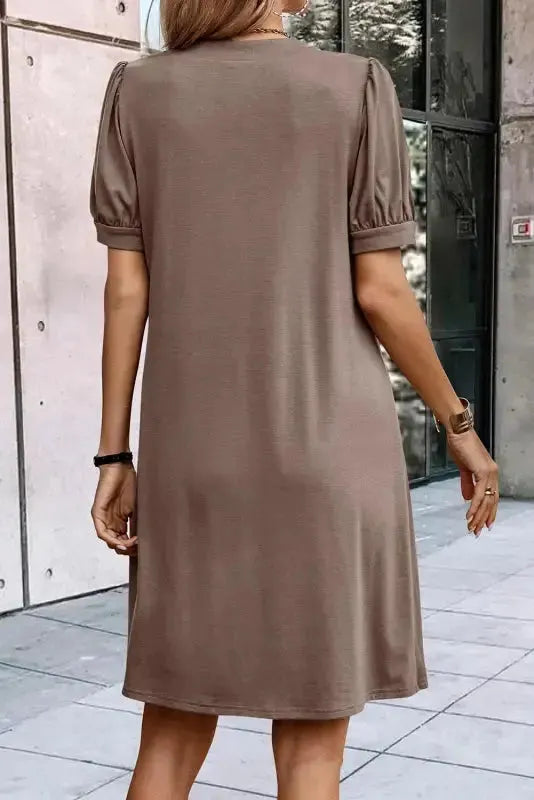 Black Notched Neck Pleated Puff Sleeve Shift T-shirt Dress - Fashionfitz