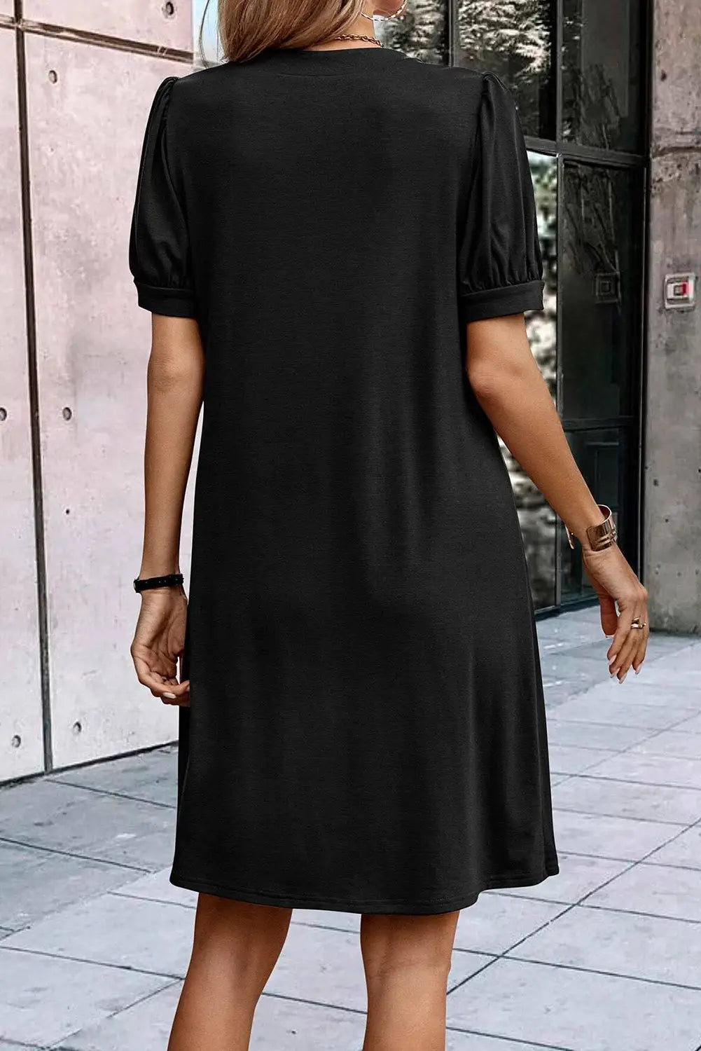 Black notched neck pleated puff sleeve shift t - shirt dress - dresses