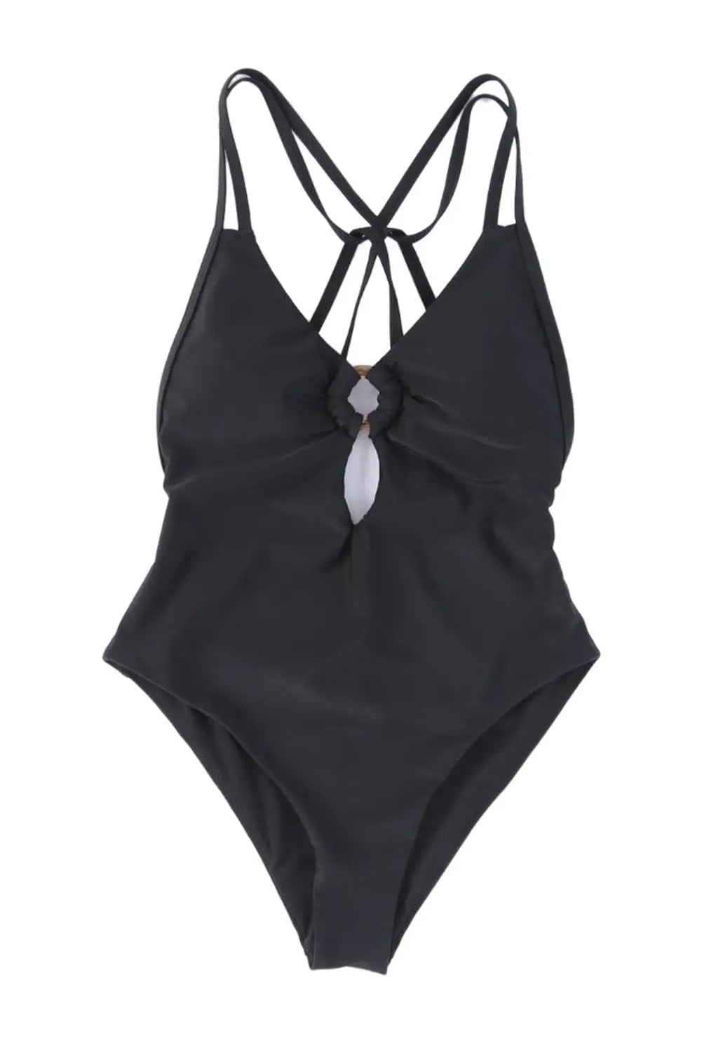 Black o-ring decor hollowed strappy one piece swimsuit -