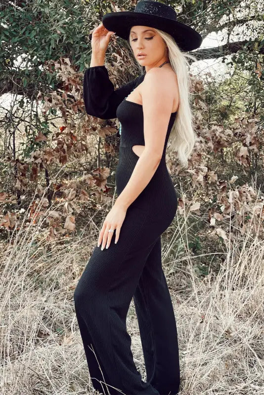 Black one-shoulder balloon sleeve cutout jumpsuit - jumpsuits & rompers