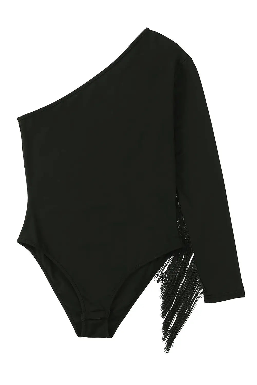 Black one shoulder fringed long sleeve bodysuit - bodysuits