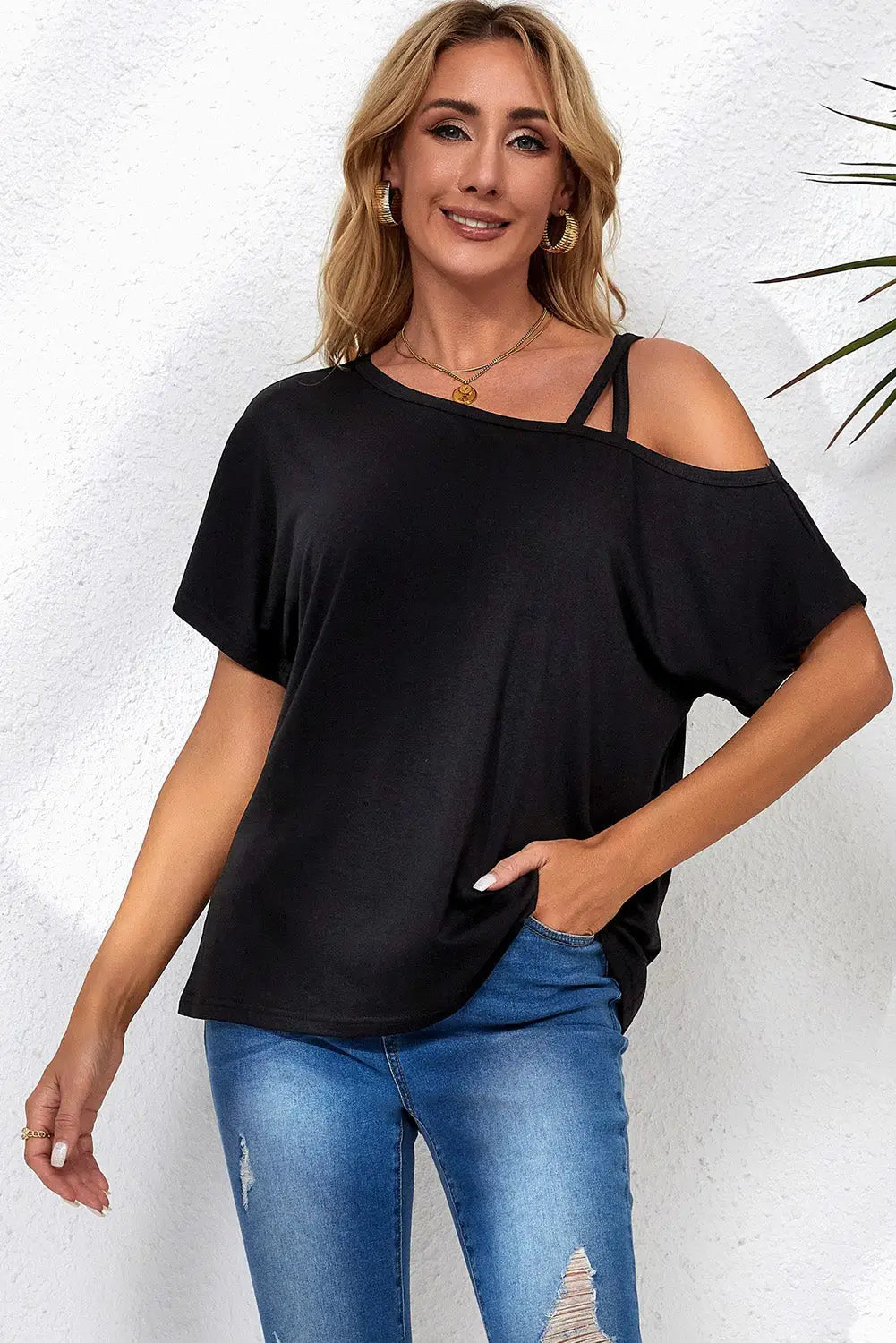 Black one shoulder long sleeve shift blouse - black1 / s / 65% polyester + 30% viscose + 5% elastane - tops
