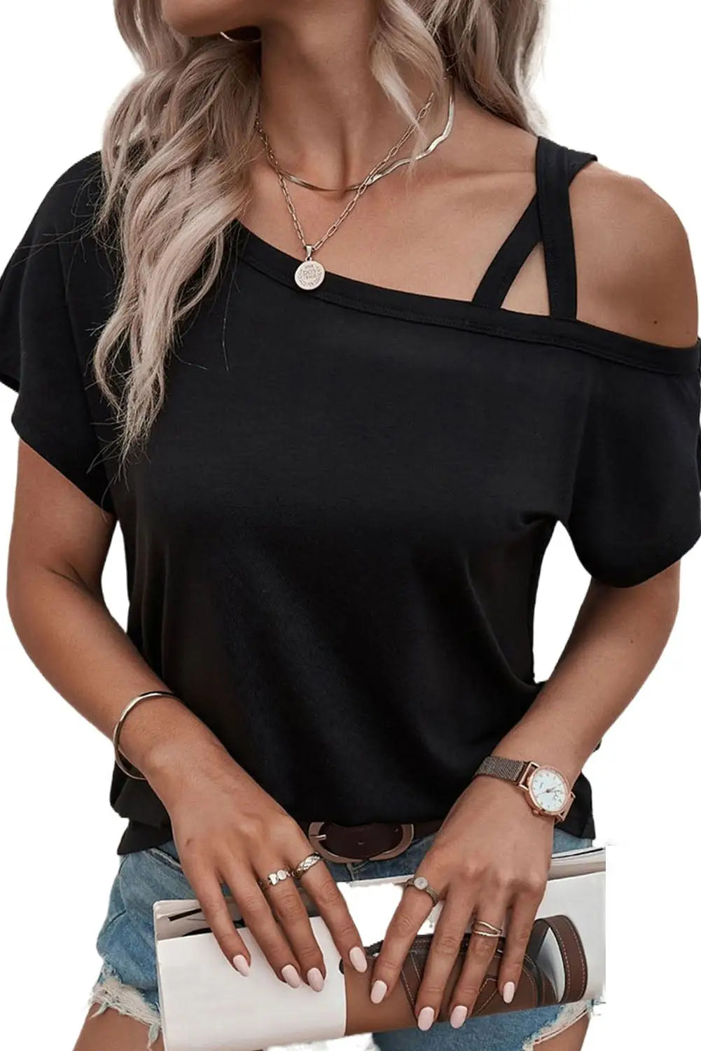 Black one shoulder long sleeve shift blouse - tops