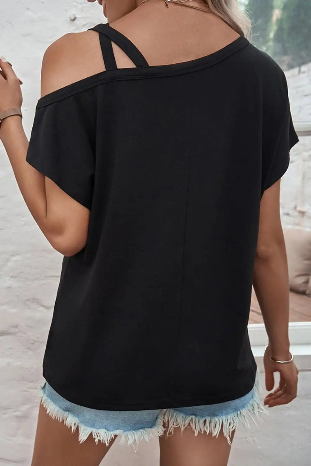 Black one shoulder long sleeve shift blouse - tops