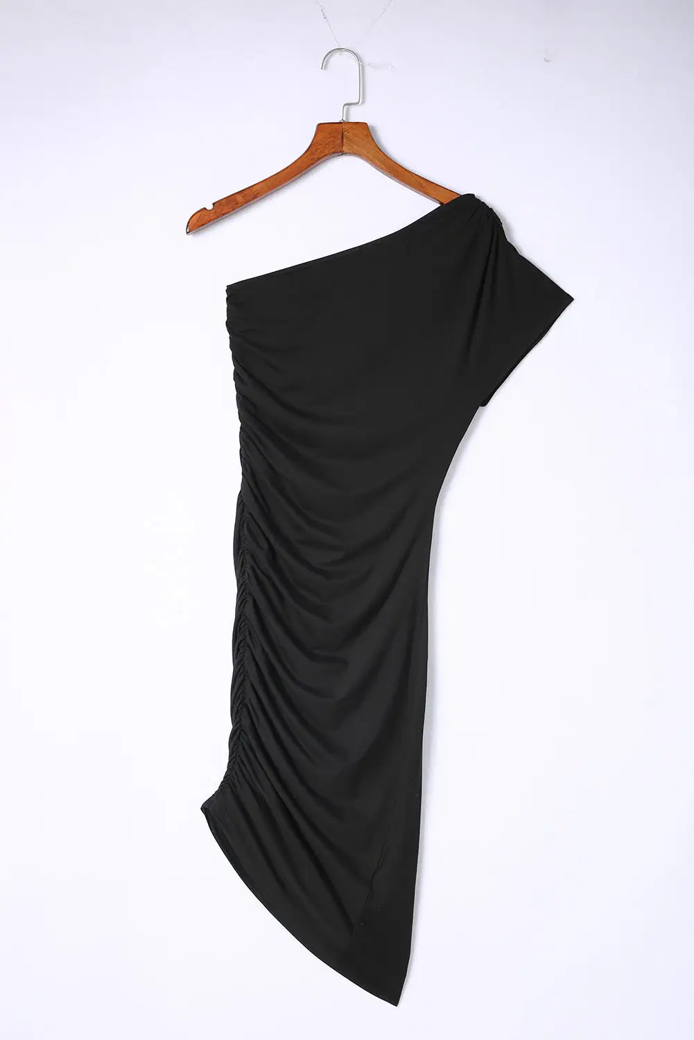 Black one-shoulder short sleeve ruched bodycon dress - dresses