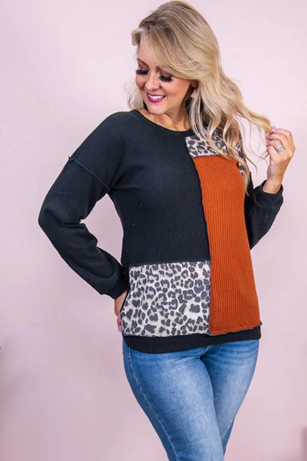 Black orange color-block leopard patchwork waffle knit plus size top