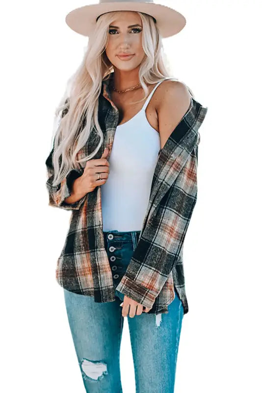 Black oversize rounded hem plaid shacket with slits - shackets