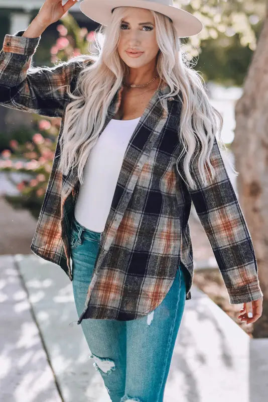 Black oversize rounded hem plaid shacket with slits - shackets