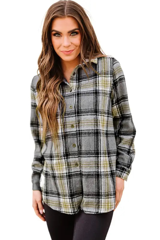 Black oversize rounded hem plaid shacket with slits - shackets