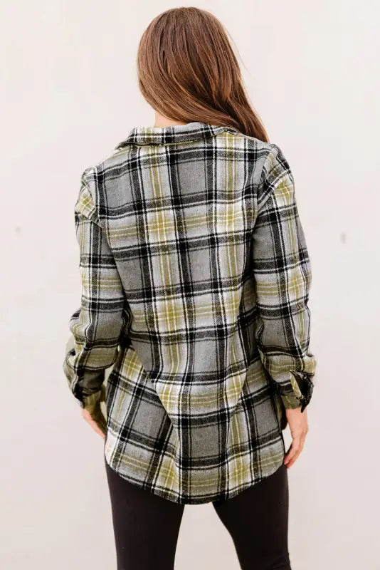 Black oversize rounded hem plaid shacket with slits - shackets