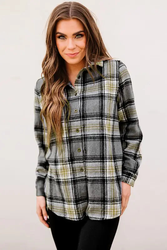 Black oversize rounded hem plaid shacket with slits - shackets