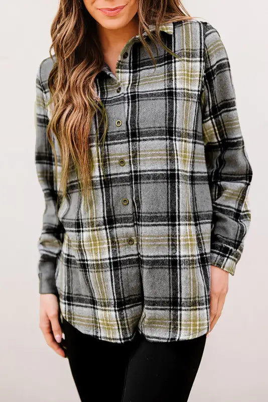 Black oversize rounded hem plaid shacket with slits - shackets