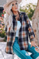 Black oversize rounded hem plaid shacket with slits - shackets