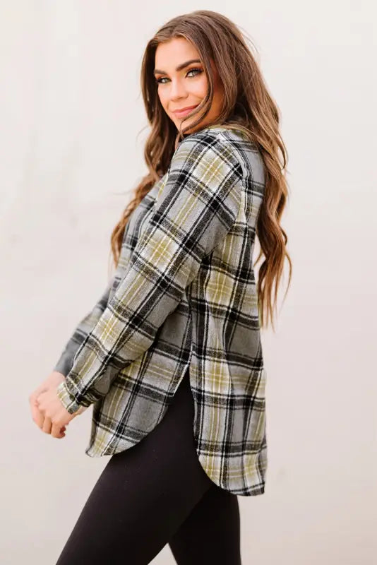 Black oversize rounded hem plaid shacket with slits - shackets