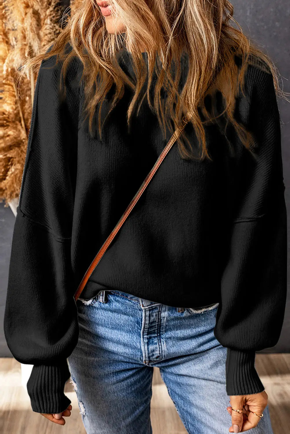 Black oversized drop shoulder bubble sleeve pullover sweater - tops