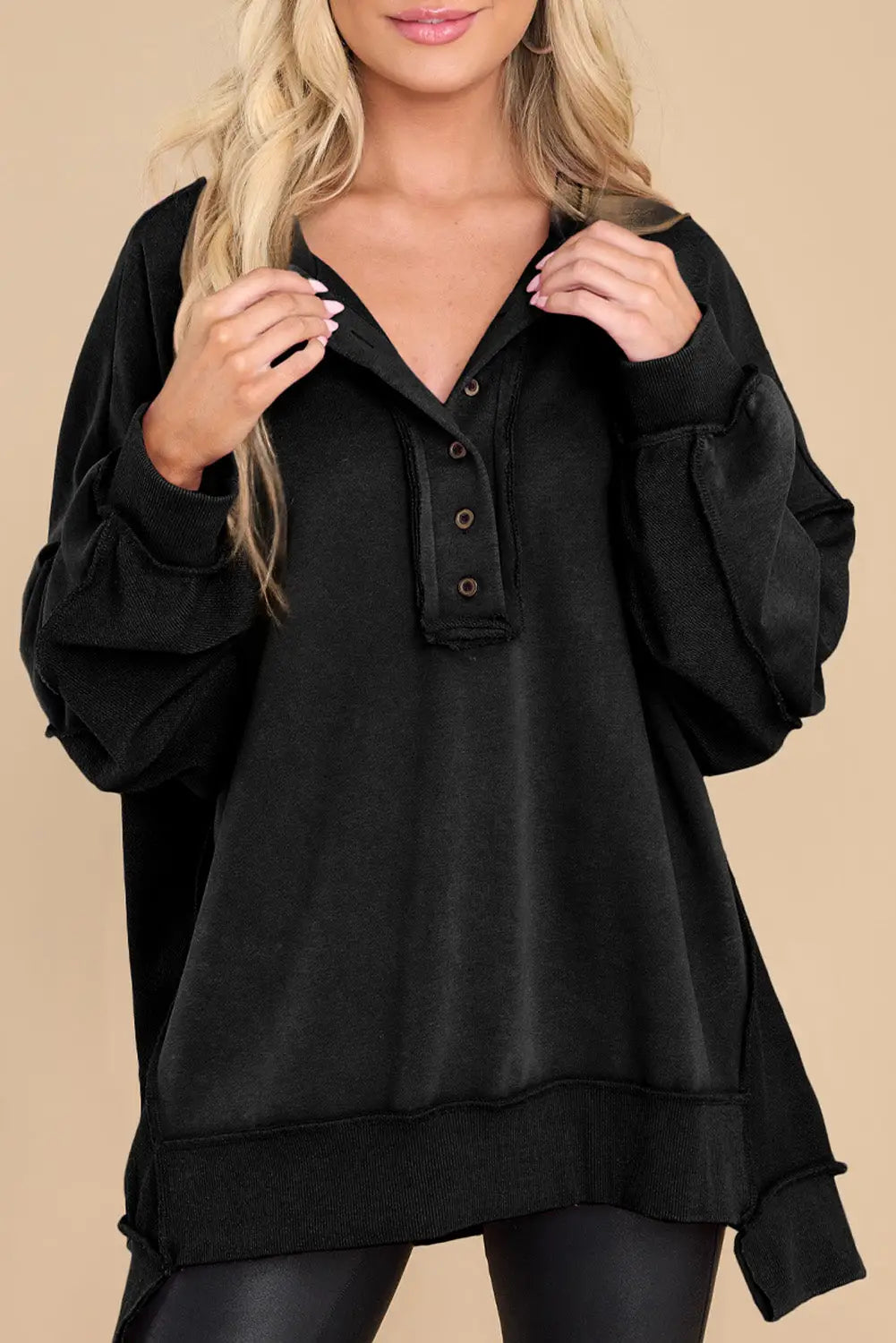 Black oversized exposed seam henley sweatshirt - 2xl / 65% polyester + 35% cotton - sweatshirts & hoodies