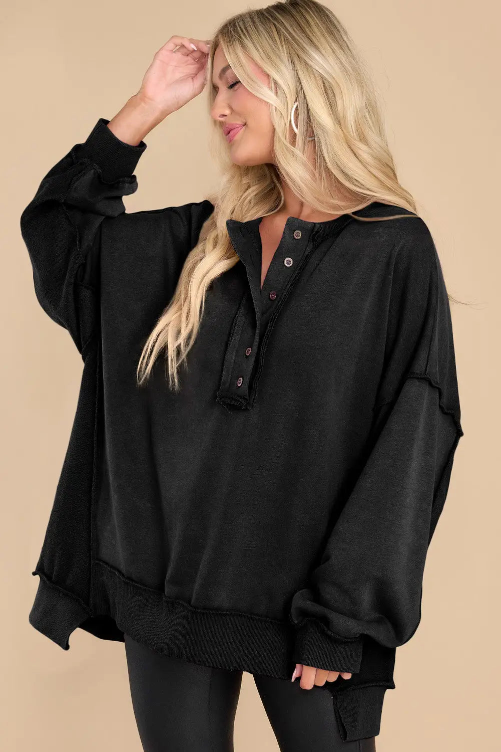 Black oversized exposed seam henley sweatshirt - sweatshirts & hoodies