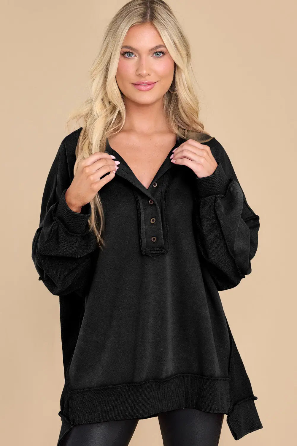 Black oversized exposed seam henley sweatshirt - sweatshirts & hoodies