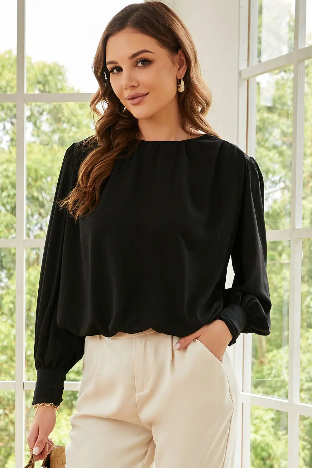 Black padded shoulder buttoned cuffs pleated loose blouse - s / 100% polyester - blouses & shirts