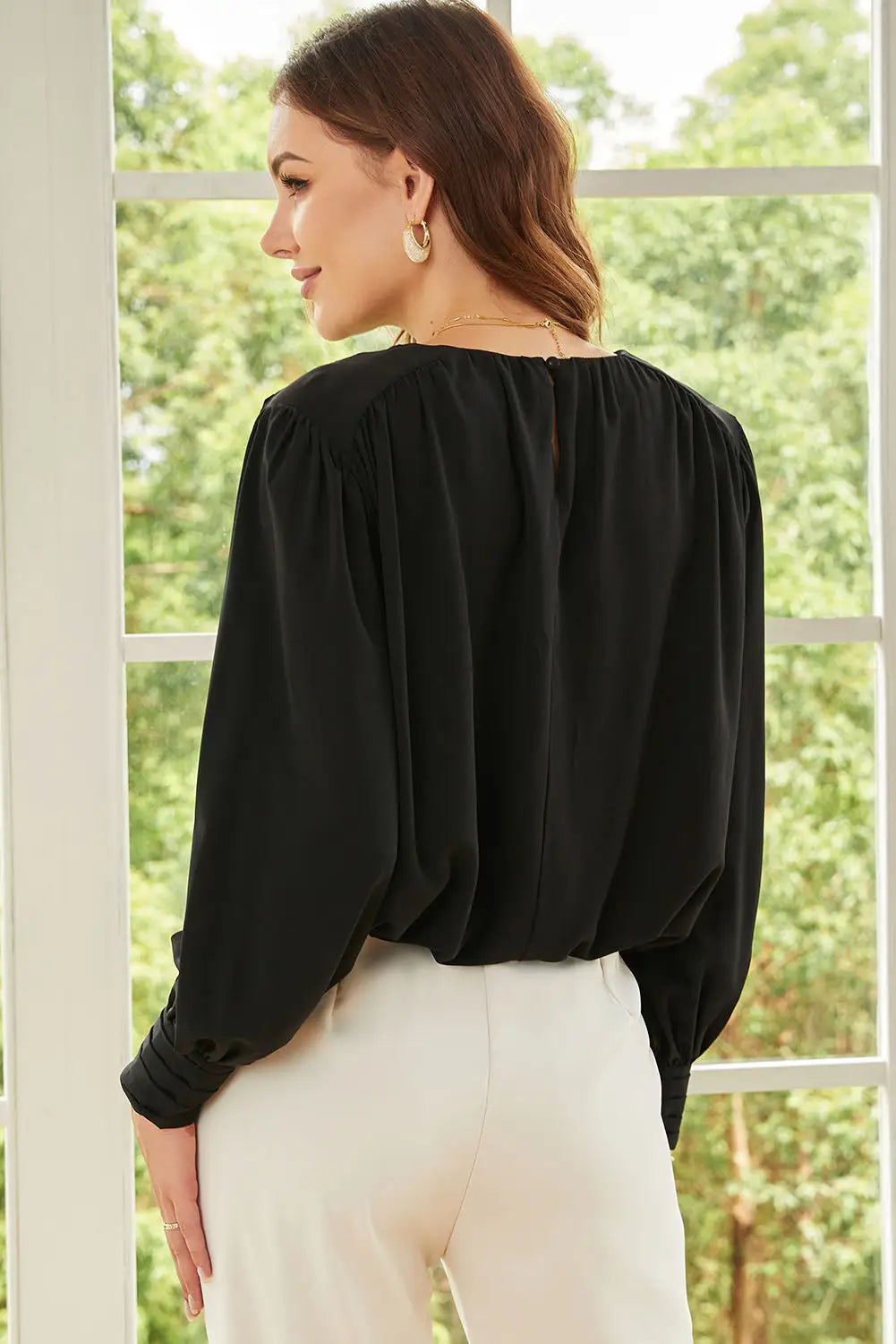 Black padded shoulder buttoned cuffs pleated loose blouse - blouses & shirts