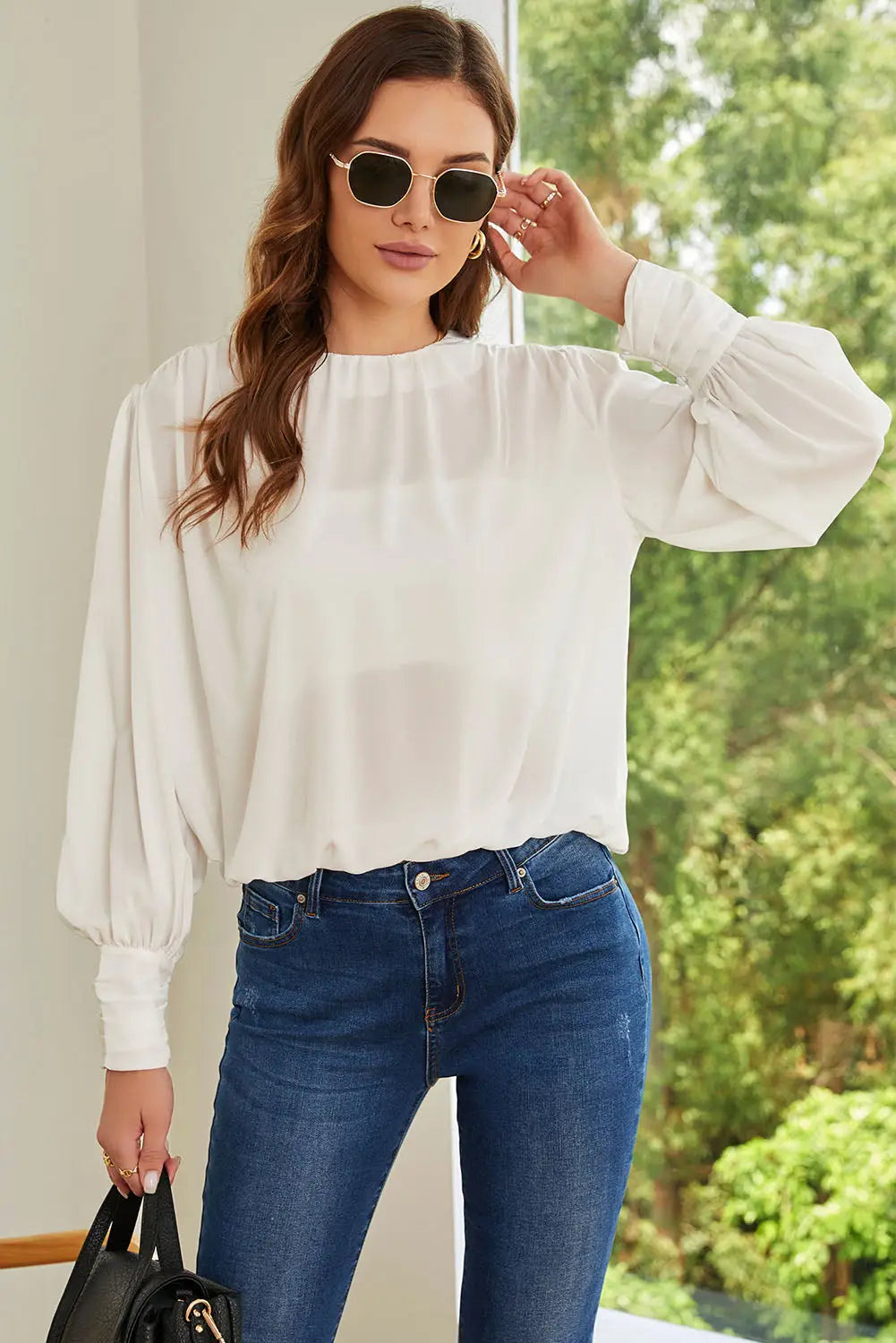Black padded shoulder buttoned cuffs pleated loose blouse - white / s / 100% polyester - blouses & shirts