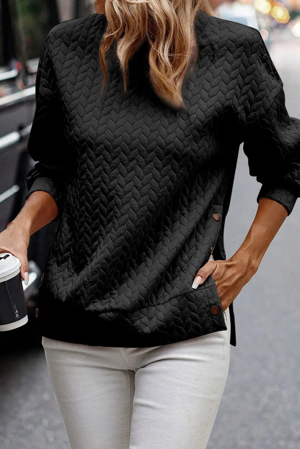Black pale chestnut side buttons cable textured sweatshirt - l / 95% polyester + 5% elastane - sweatshirts & hoodies