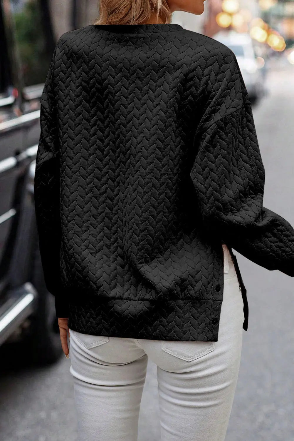 Black pale chestnut side buttons cable textured sweatshirt - sweatshirts & hoodies