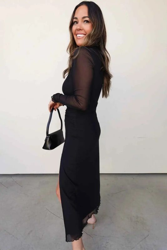 Elegant Black Sheer Sleeve Slit Party Dress in midi length with mesh long sleeves and side slit, perfect for night out occasions.