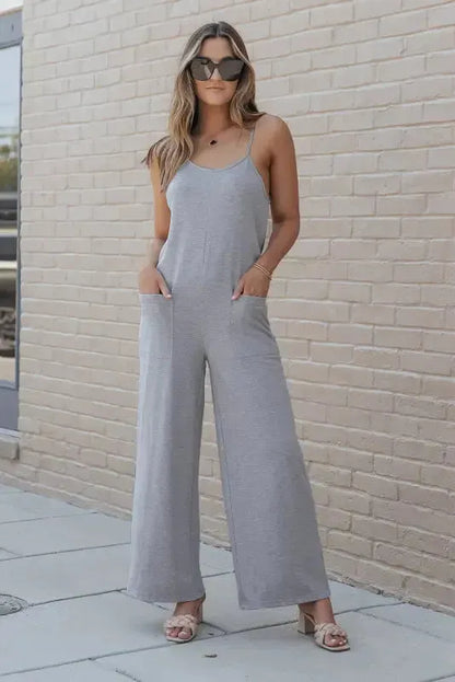 Black Patch Pockets Spaghetti Strap Wide Leg Jumpsuit - Fashionfitz