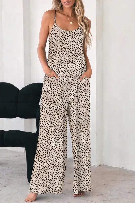 Black patch pockets spaghetti strap wide leg jumpsuit - bottoms