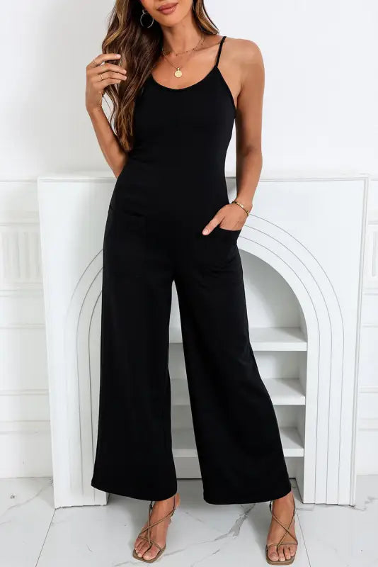 Black patch pockets spaghetti strap wide leg jumpsuit - bottoms