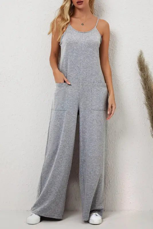 Black patch pockets spaghetti strap wide leg jumpsuit - bottoms