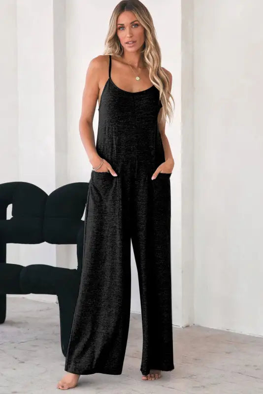 Black patch pockets spaghetti strap wide leg jumpsuit - bottoms