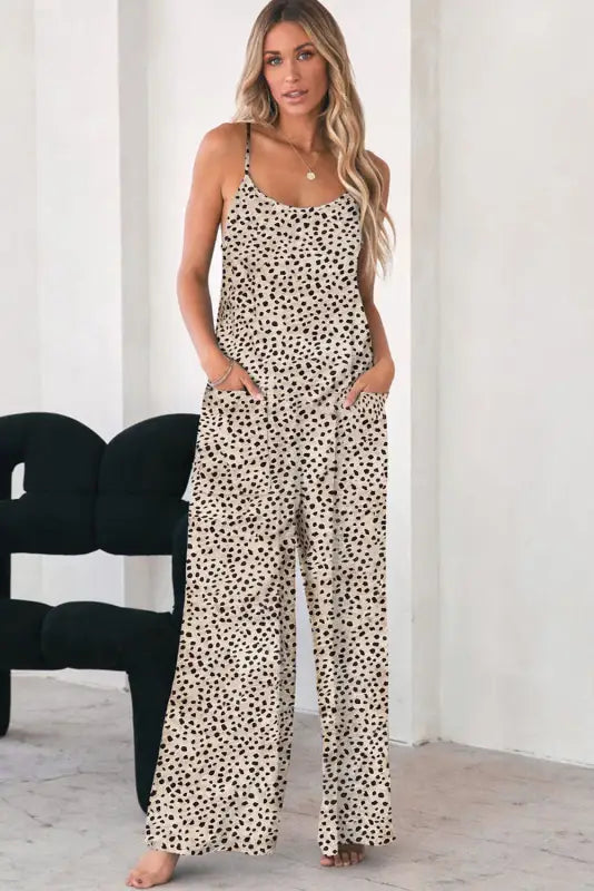 Black patch pockets spaghetti strap wide leg jumpsuit - bottoms