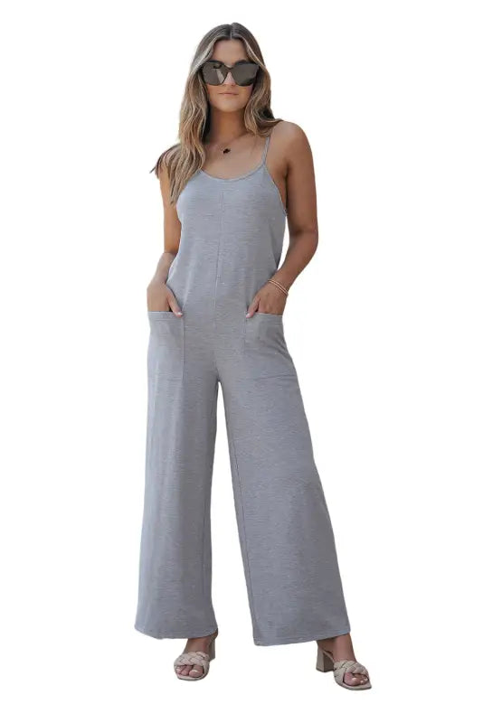 Black patch pockets spaghetti strap wide leg jumpsuit - bottoms